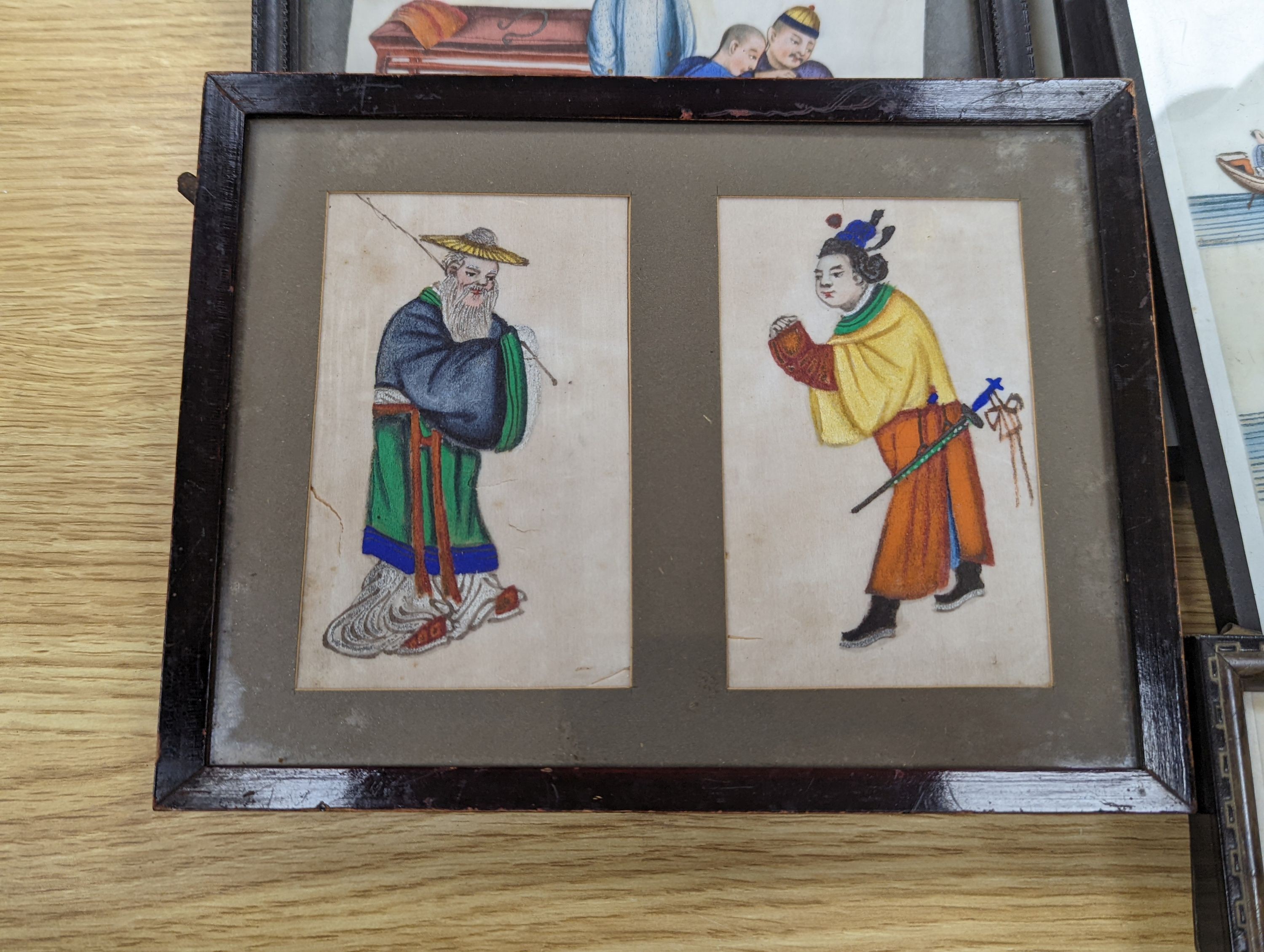 Eight assorted Chinese gouache on pith paper, Studies of figures and junks, largest 27 x 17cm